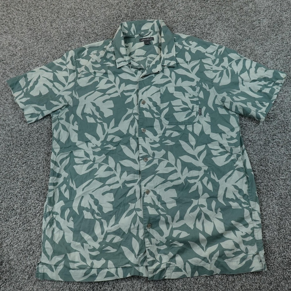 Eddie Bauer Shirt Mens LT Green Tropical Hawaiian Aloha Button Up Camp Collar